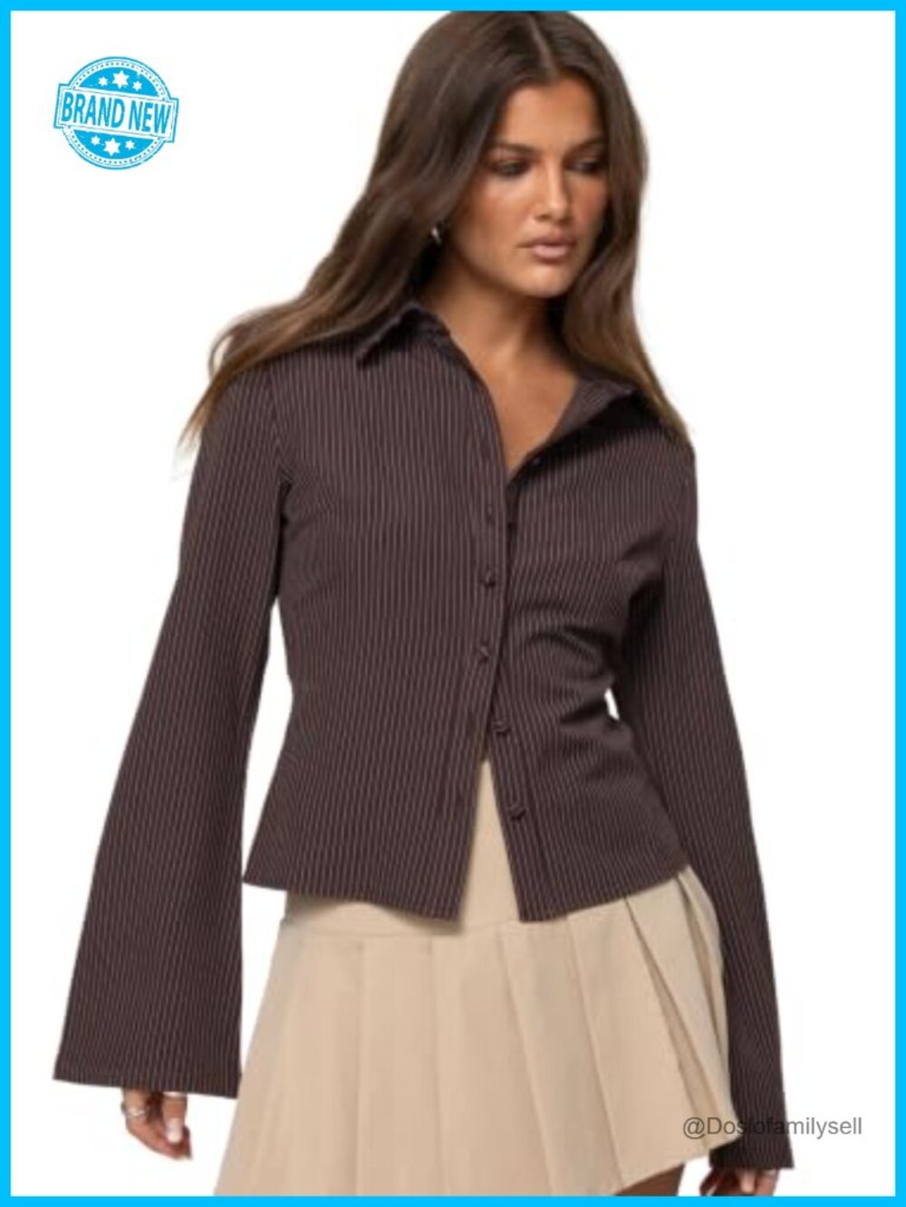 Women's Pinstripe Button-Down Shirt Slim Fit Flared Sleeves Work